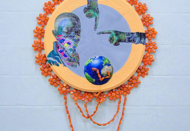 Serge Diakota Humain predator 2017 Capsules assemblies with annealed wire.on table plastic Collage, Paint and gravure with blade on table the table