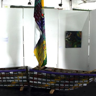 Daniel Clarke Fractor Door Hinges,Spray Paint and Acrylic On Boat,Barbed Wire,Paint,Canvas, Sail On Bamboo 350cm x 60cm Donation