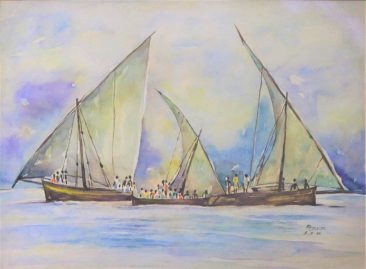 Raza Dhow and People on Coast Watercolor on paper 62 x 81cm 700USD